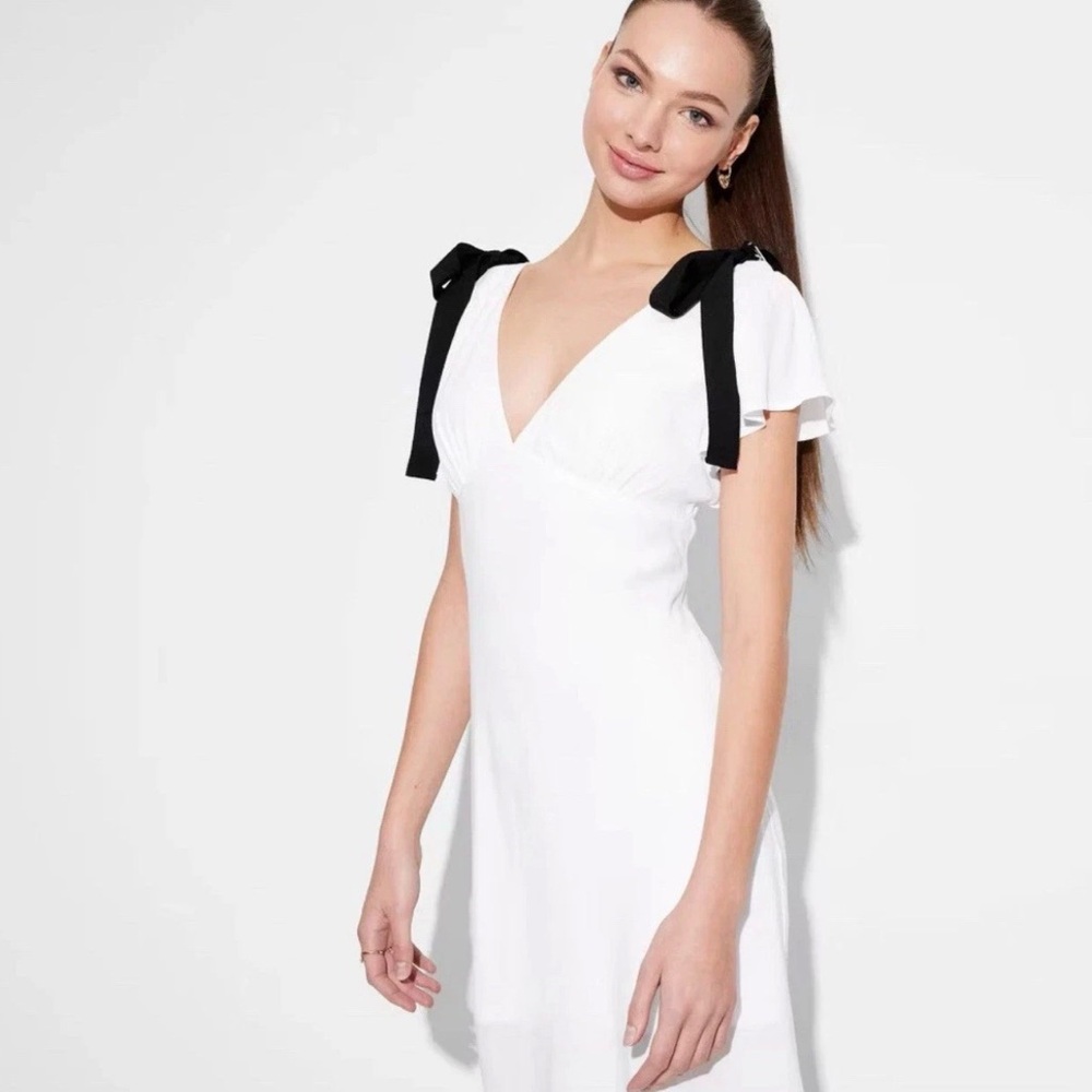 Wild Fable White Mini A-line Dress Flutter Sleeves With Bows Size Small